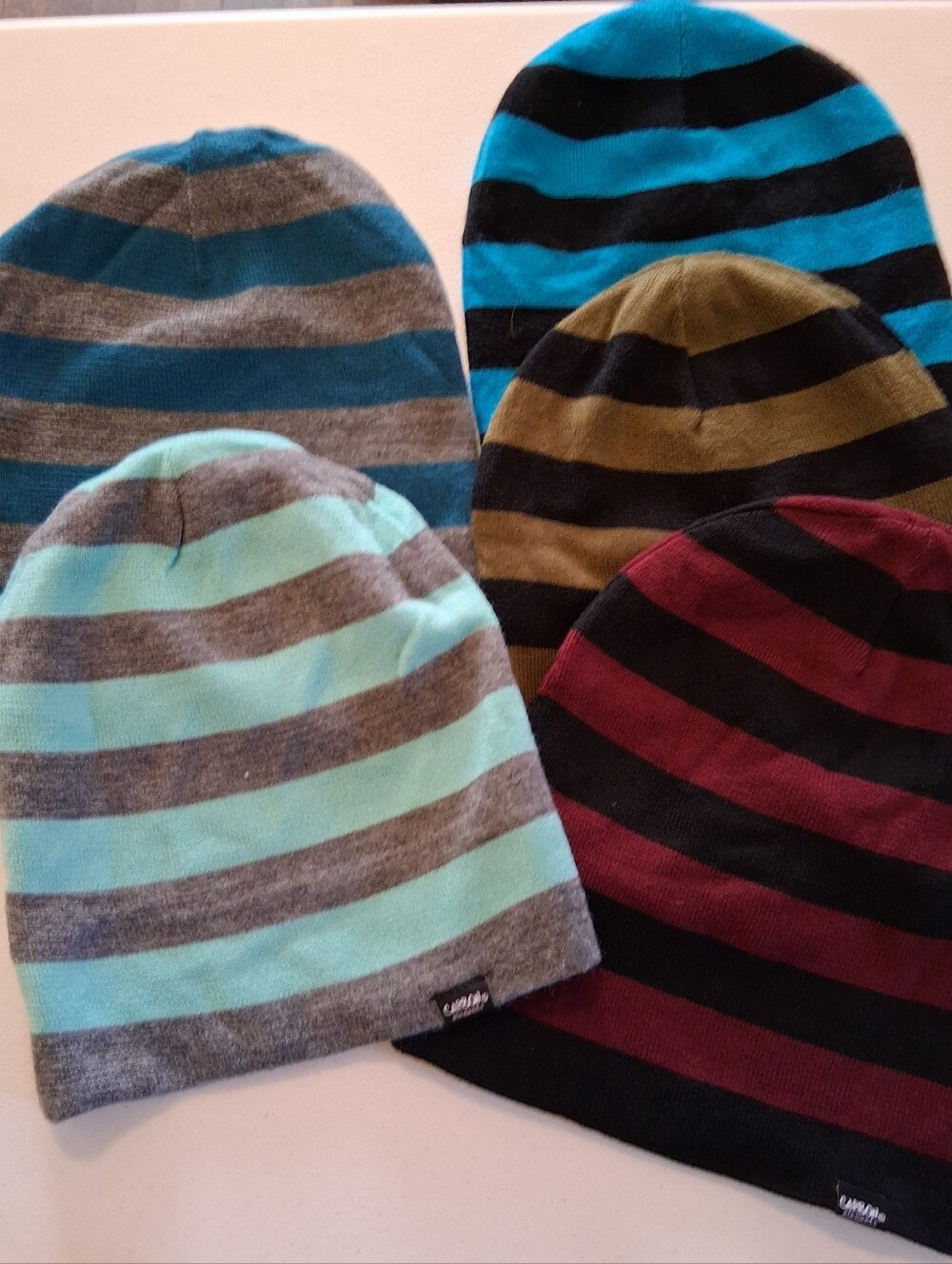 5 Carbon Elements Striped Lightweight Knit Beanie - Blue, Brown, Grey, Burgundy